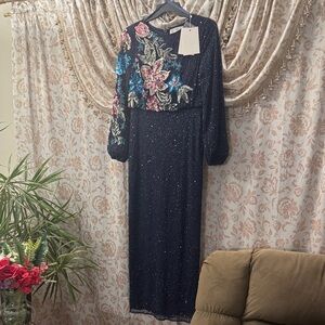 Mac Duggal Navy Blue Floral Beaded Maxi Dress Size: 8